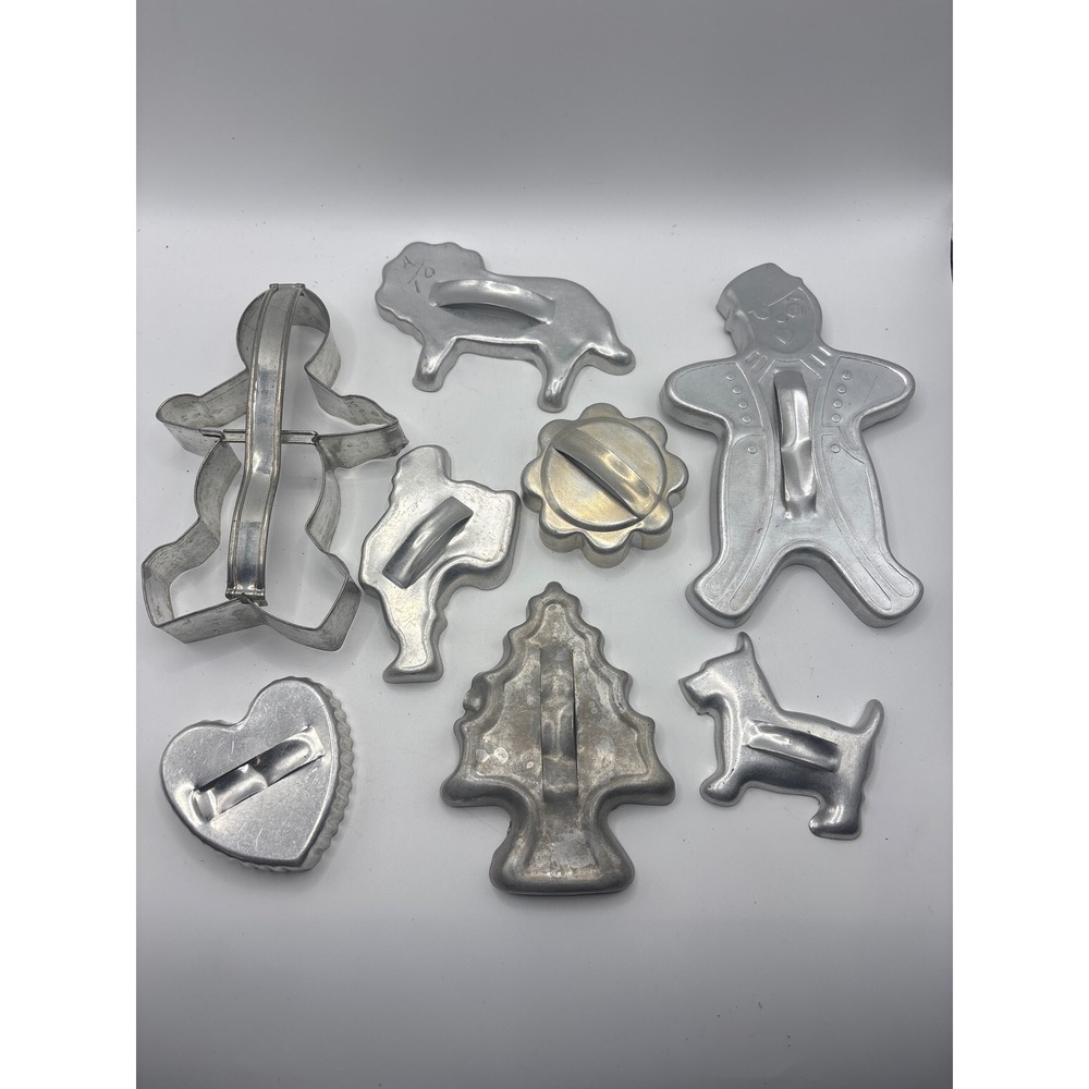 Vintage Aluminum Cookie Cutter Set 8pc Gingerbread Man Tree Scottie Dog Heart